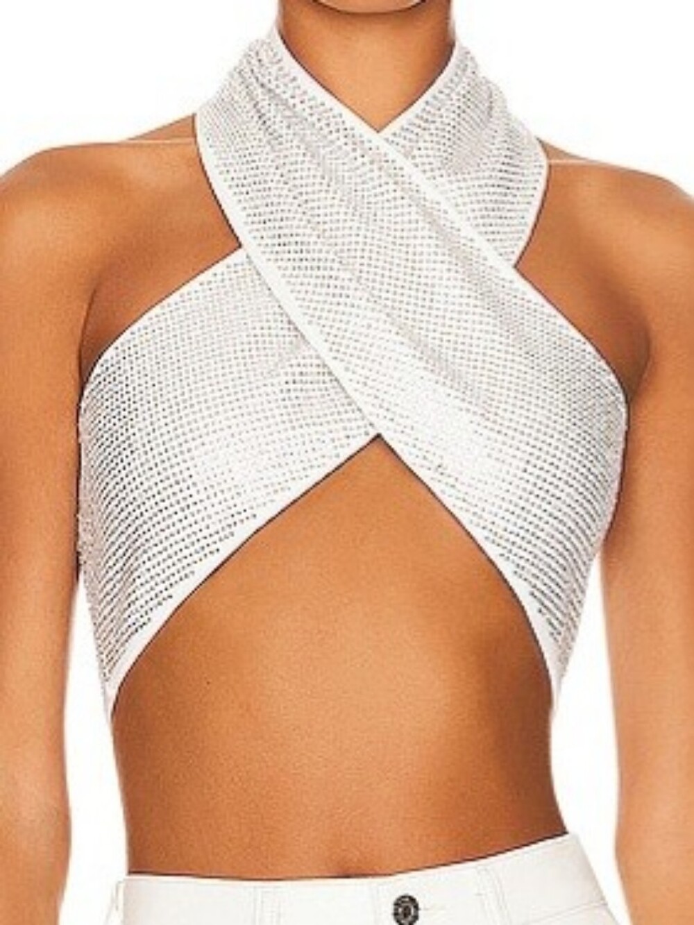 Hours White Rhinestone Crisscross Halter Top